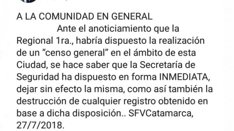 Desplazaron al jefe de la Unidad Regional Nº1 por el polémico censo