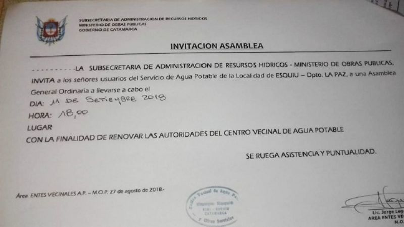 Comisión Vecinal de Agua: invitan a asamblea de renovación de autoridades