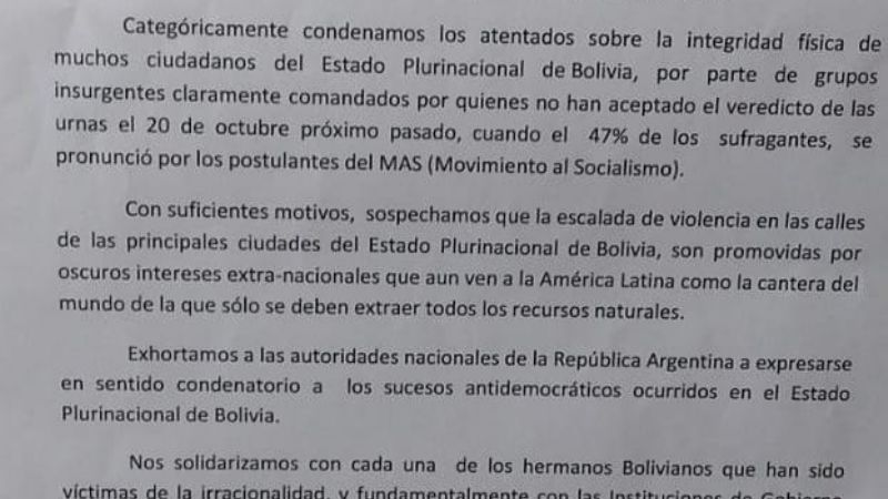 Senadores del FJPV-PJ repudian el golpe de Estado en Bolivia