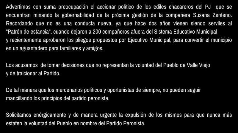 Generación Intermedia del PJ pidió expulsar a concejales chacareros
