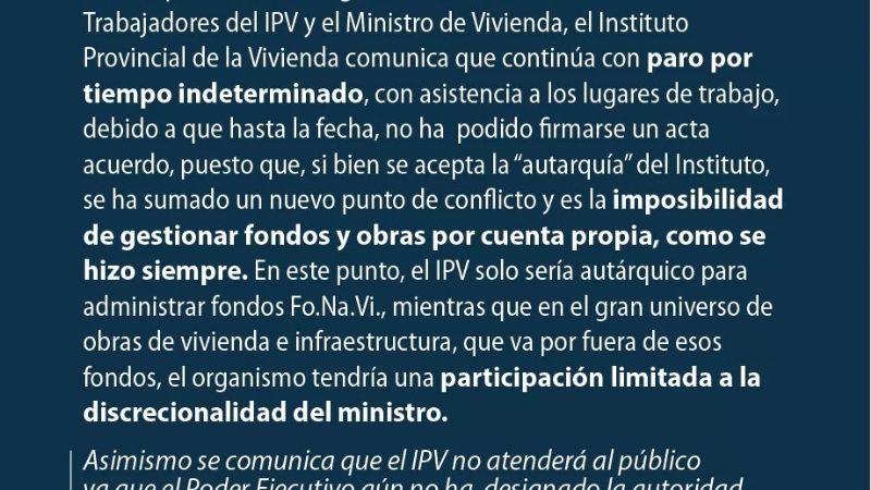 Trabajadores del IPV continuarán de paro