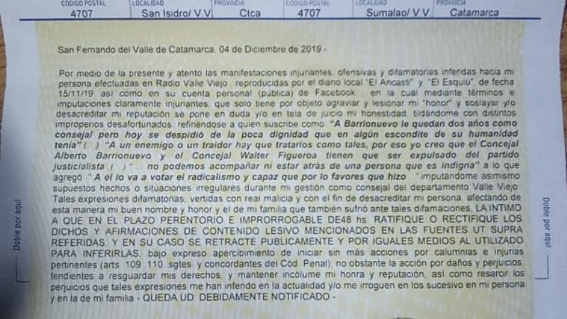 Abeto Barrionuevo le envió una carta documento a Zenteno