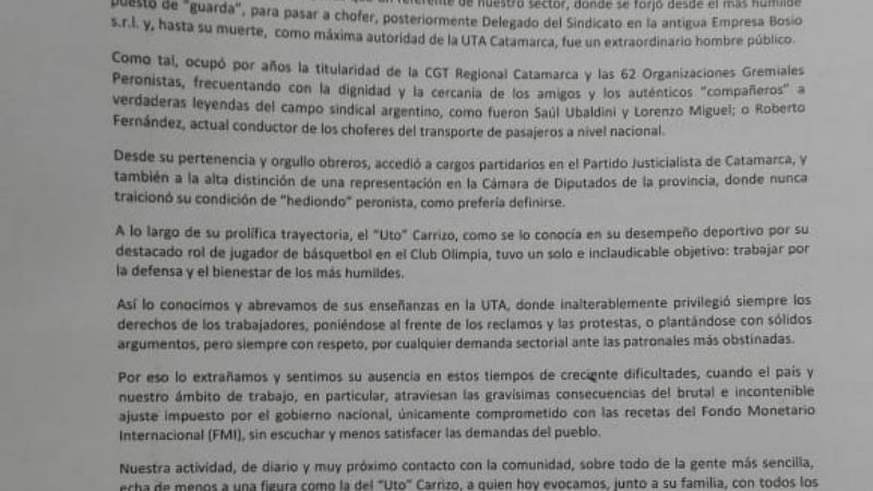 La UTA evoca a Pedro Armando “el Uto” Carrizo