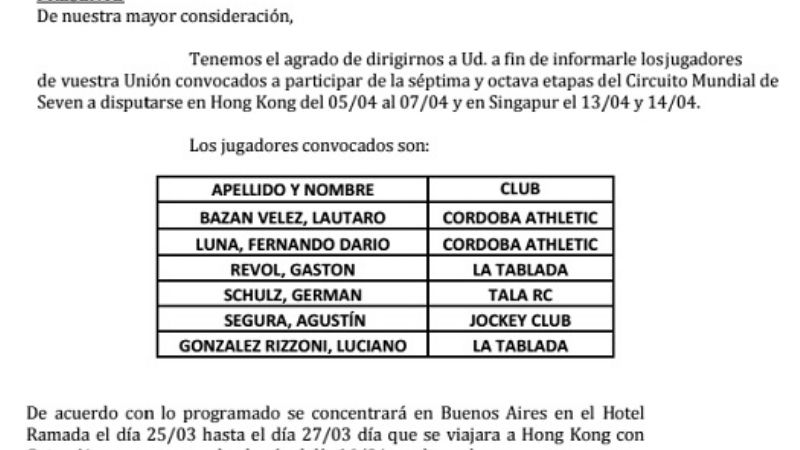 Agustín Segura convocado al Circuito Mundial de Seven