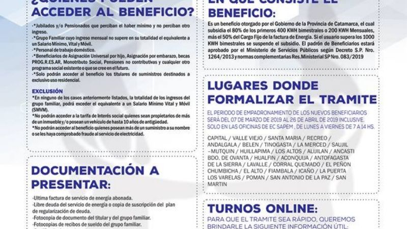 Comienza empadronamiento de beneficiarios de Tarifa Social Provincial 2019
