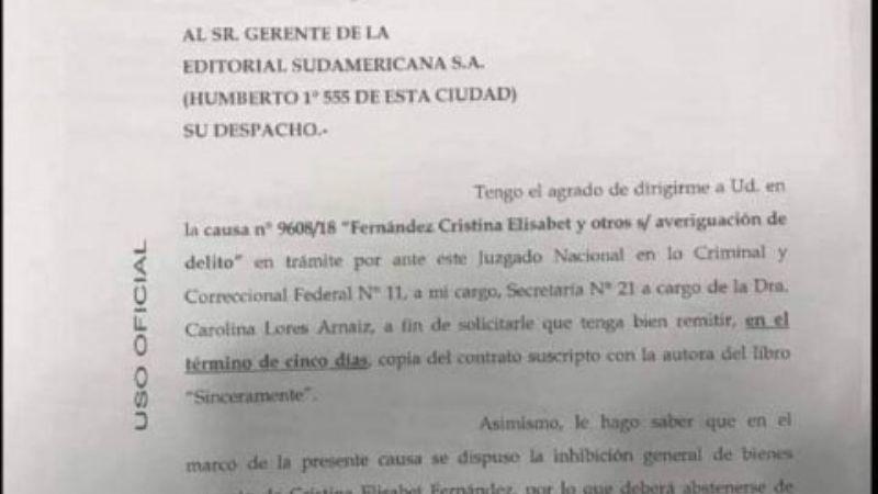 ¿Bonadio podrá embargar el dinero que reciba CFK por su libro?