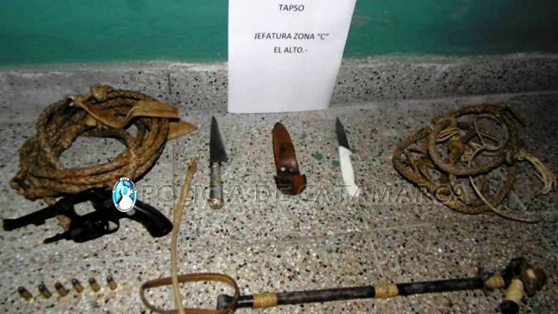 Cuatro aprehendidos y un demorado con un arma cargada, un látigo y cuchillos