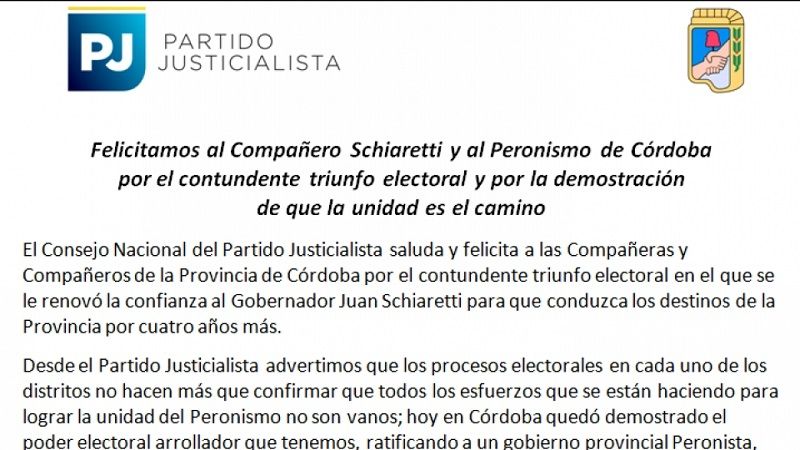 PJ nacional felicitó a Schiaretti por su triunfo en Córdoba