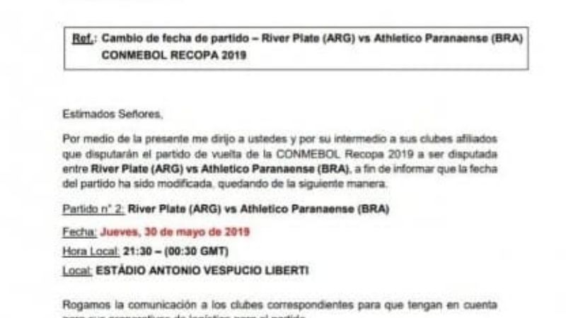 La revancha de River-Paranaense irá el 30 de mayo
