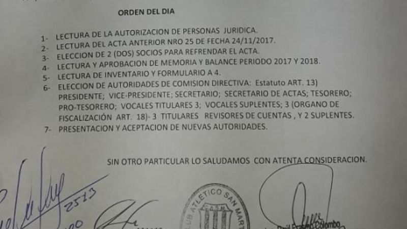 El 03/Junio, San Martín renovará autoridades en Asamblea