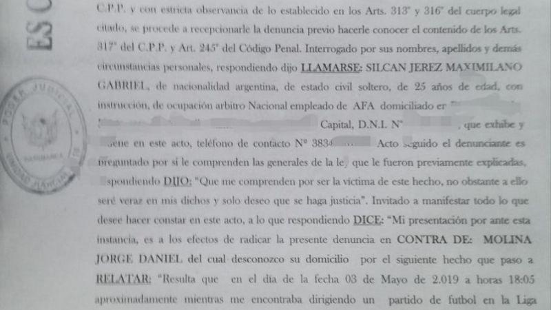 El referí Silcán Jerez denunció  penalmente al jugador Molina