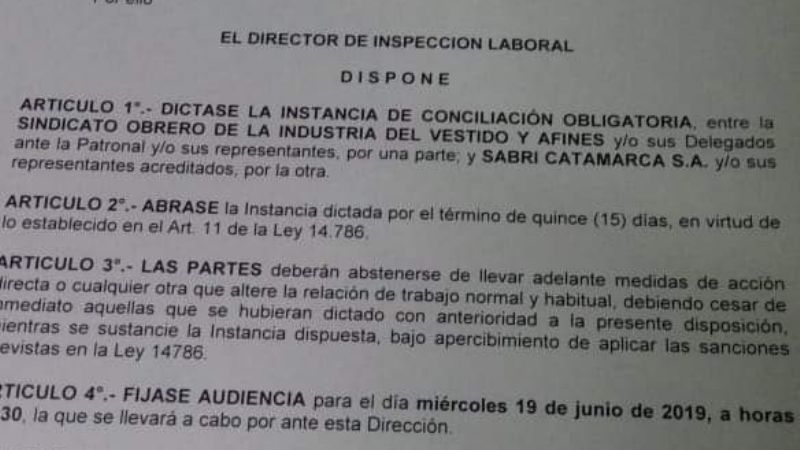 Conciliación obligatoria en el conflicto en la textil Sabri