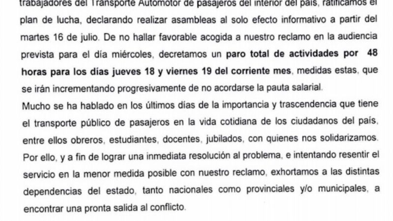 Nuevo paro de transporte: ahora de 48 de horas