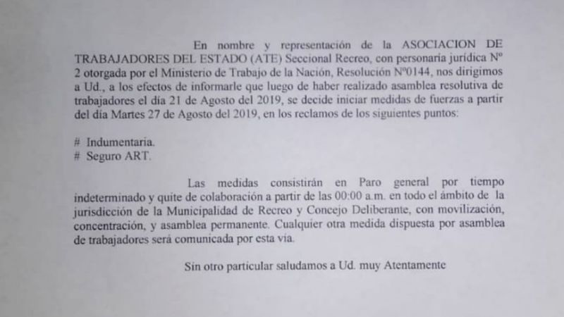 Paro de municipales en Recreo por tiempo indeterminado