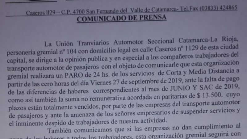 La UTA convocó a un paro por 24 horas