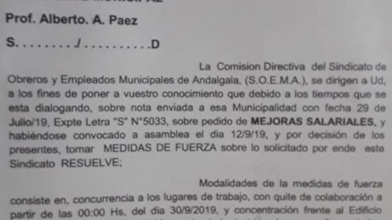 En Andalgalá, municipales le hacen paro a Paéz