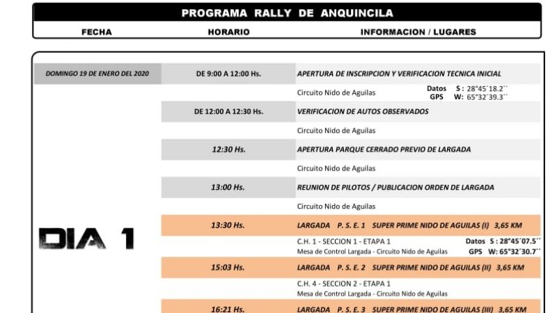 Está el cronograma para el Rally de Anquincila