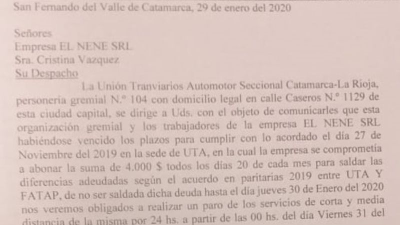 UTA anunció medidas de fuerza de la empresa el Nene