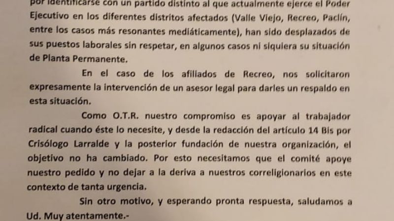 La OTR le pide apoyo a la UCR por los municipales despedidos