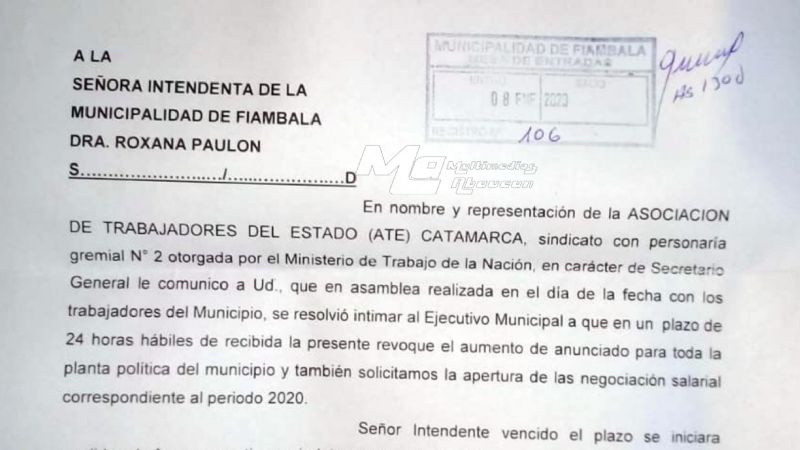 ATE intimó al Ejecutivo de Fiambalá a revocar el “salariazo”