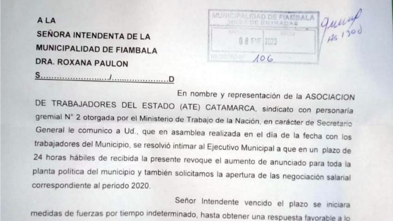 ATE intimó al Ejecutivo de Fiambalá a revocar el “salariazo”