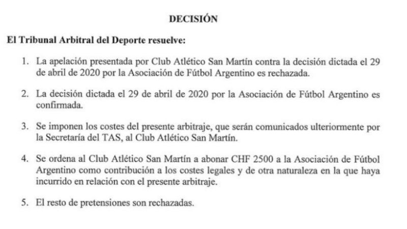 El TAS falló a favor de AFA y en contra de San Martín (T)