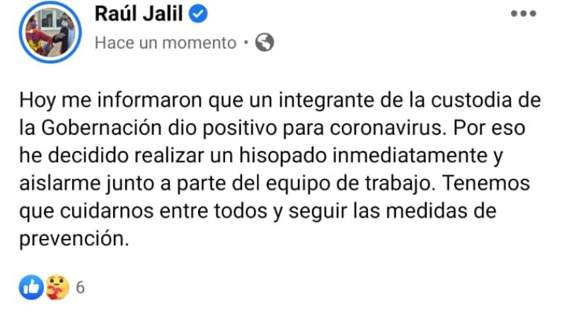 Custodio de Jalil dio positivo y el gobernador está aislado