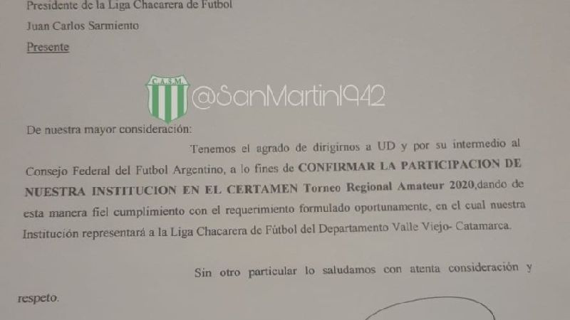 San Martín oficializó la confirmación de jugar el TRFA 2020