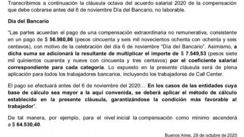 Bancarios cobrarán como mínimo una compensación de 64.500 pesos por su día
