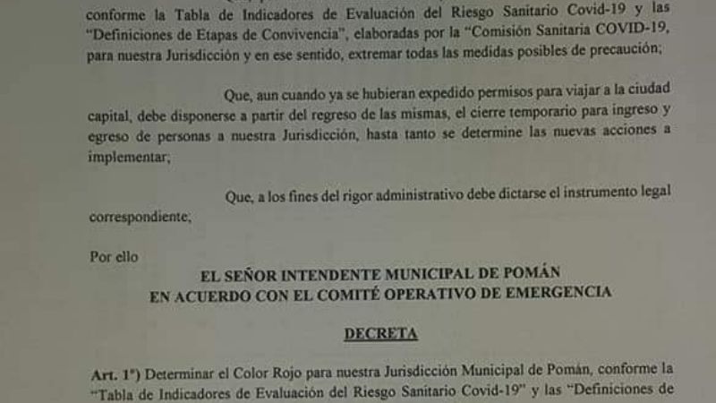 Tras confirmar el primer caso en Pomán, decretan Etapa Roja