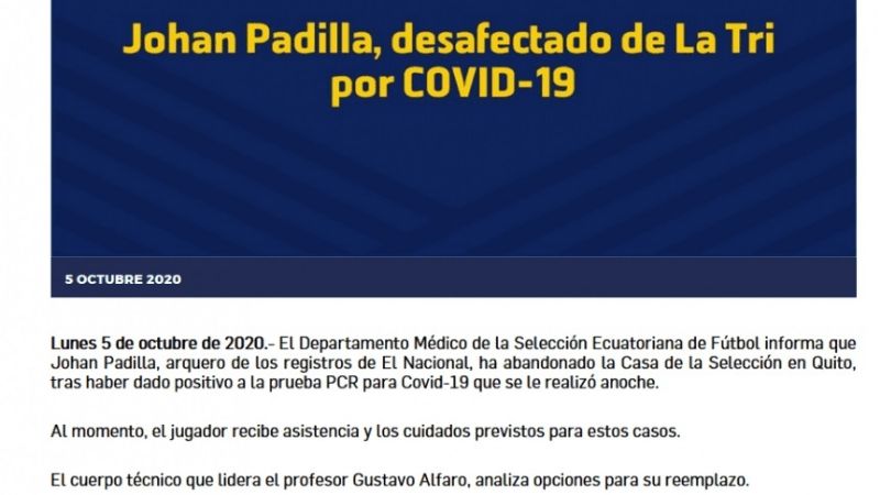 Arquero de Ecuador dio positivo antes de viajar a Argentina