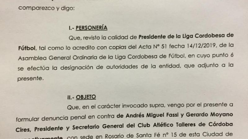 La Liga Cordobesa demandó civil y penalmente a Talleres