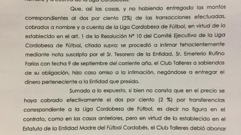 La Liga Cordobesa demandó civil y penalmente a Talleres