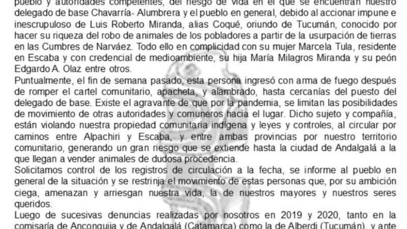 Denuncian violación a territorio ancestral y amenazas con armas