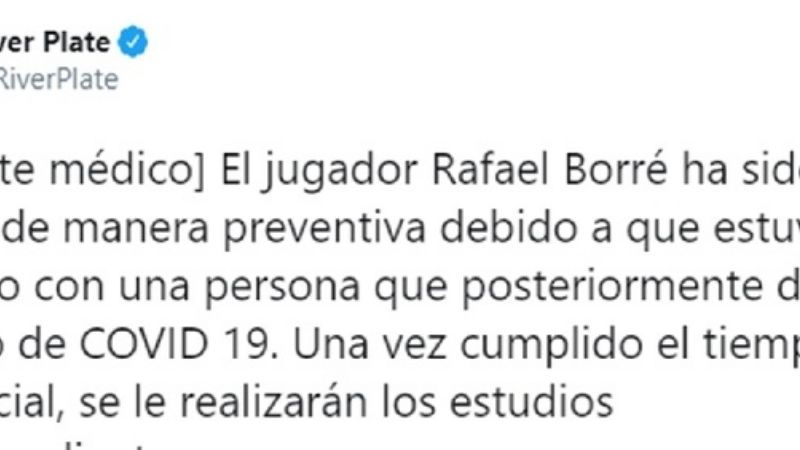 Borré fue aislado por contacto con un caso de Covid-19