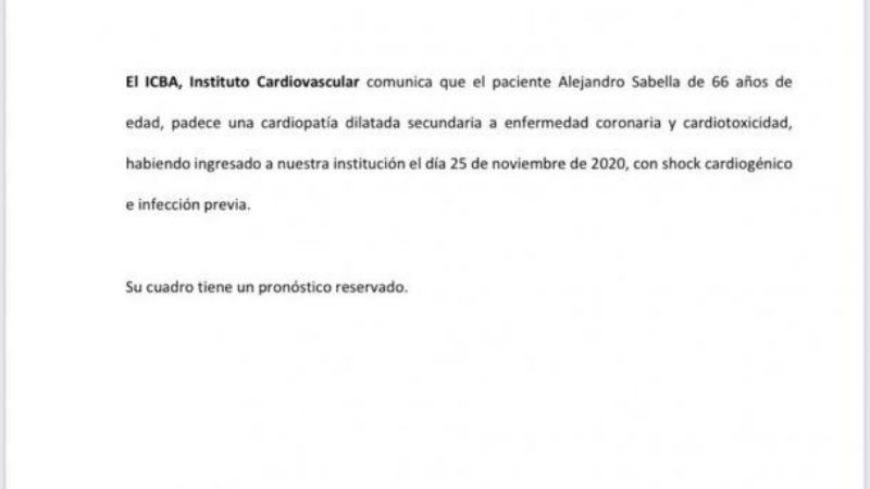 Sabella permanece internado y con pronóstico reservado