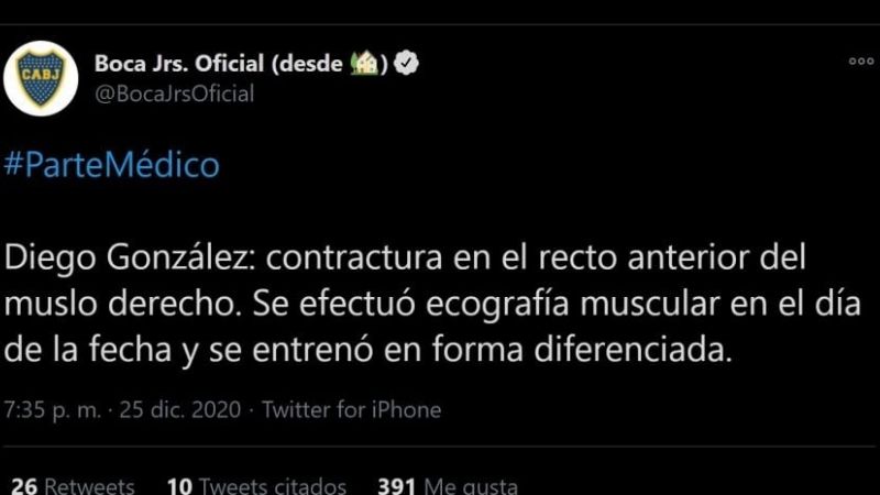 Boca: González lesionado y con suplentes ante Huracán