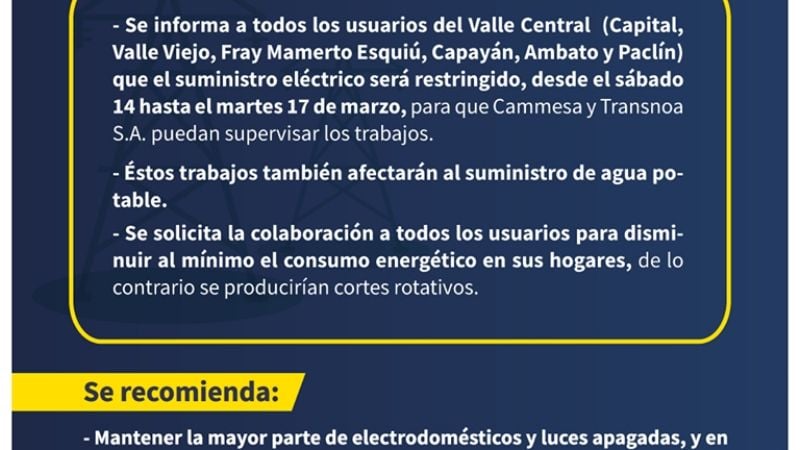 Piden a disminuir el consumo de energía durante tres días