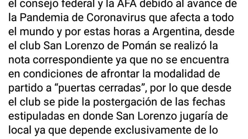 San Lorenzo de Pomán no puede jugar “a puertas cerradas”