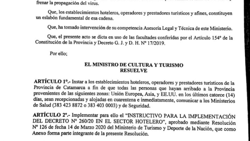 Disponen cuarentena preventiva en hoteles de Catamarca para turistas extranjeros