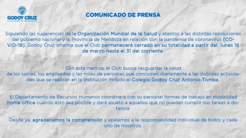 Unión y Godoy Cruz también “cerraron” por el coronavirus