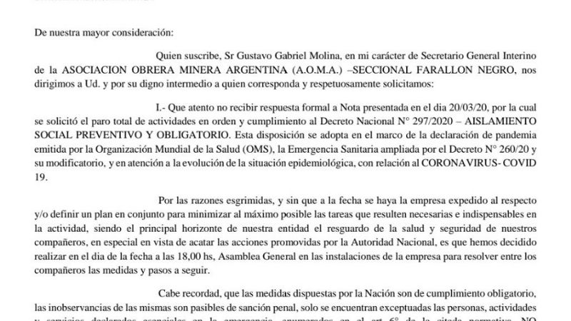 AOMA denuncia a minera Livent por incumplir la cuarentena