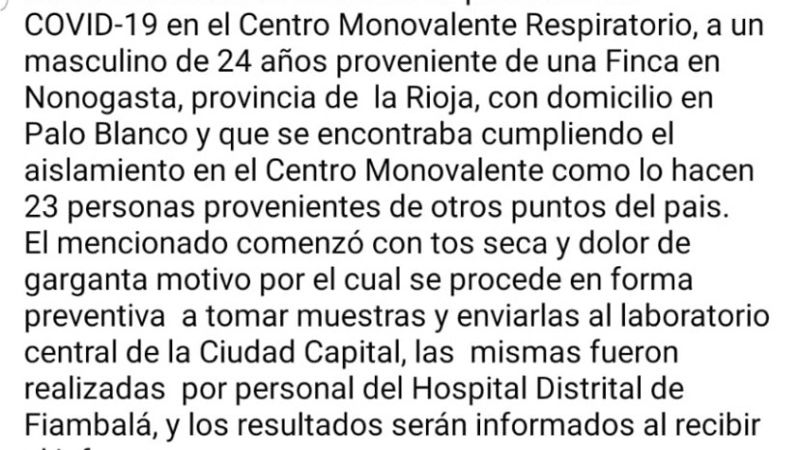 Activaron el protocolo de Covid-19 en Fiambalá