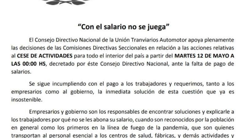 UTA mantiene el paro de los conductores de colectivo