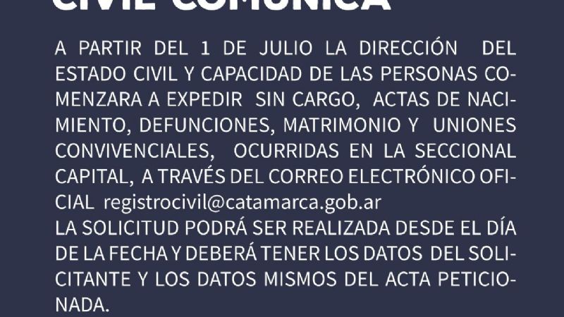 El Registro Civil expedirá actas gratuitas vía correo electrónico oficial