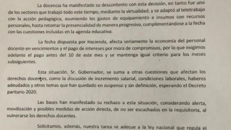 Docentes advierten por medidas de fuerza ante el cambio en el pago de sueldos