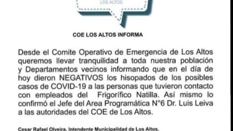 Dieron negativo de Covid-19 los hisopados en Los Altos