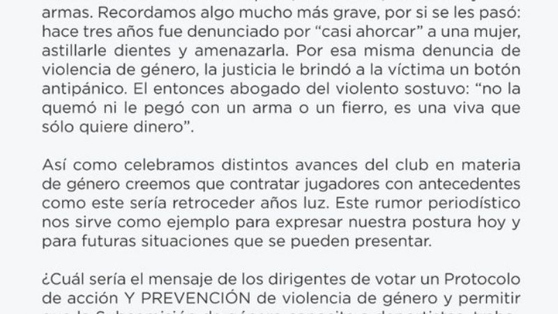 San Lorenzo Feminista no quiere a Centurión en el club