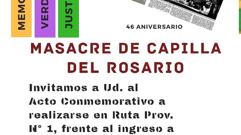 Hoy acto, a 46 años de la masacre de Capilla del Rosario