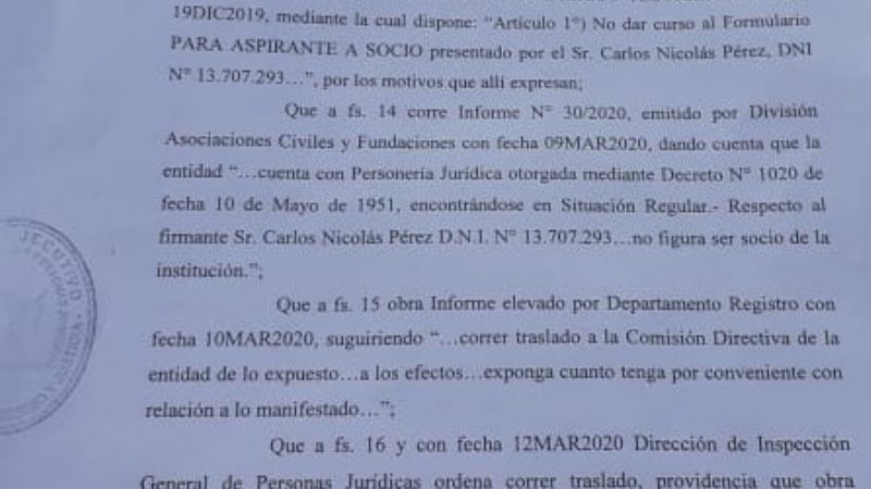 La IGPJ ordenó a Tesorieri incorporar como socio a Carlos Pérez